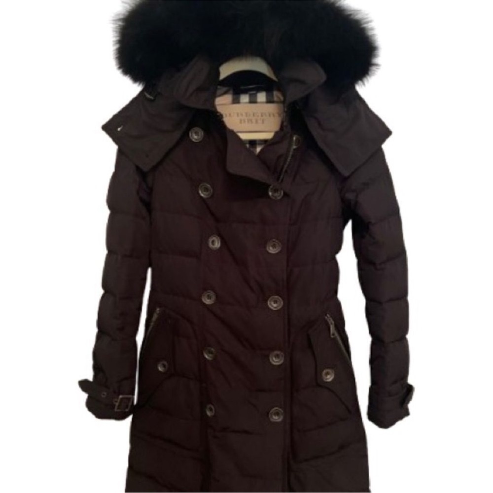 Burberry Brit Black Double-Breasted Down Puffer Coat Fur Hood Nova Check
